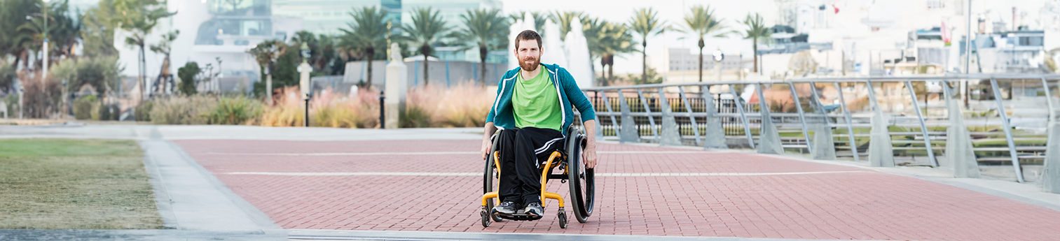 A white male on a wheelchair at a park that overlooks the city.