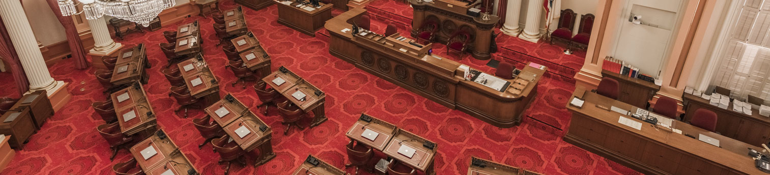 Empty Senate Assembly room located in the historical California State Capitol building